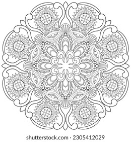 Colouring page, hand drawn, vector. Mandala 177, ethnic, swirl pattern, object isolated on white background.