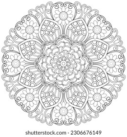 Colouring page, hand drawn, vector. Mandala 180, ethnic, swirl pattern, object isolated on white background.