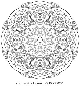 Colouring page, hand drawn, vector. Mandala 199, ethnic, swirl pattern, object isolated on white background.