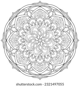 Página de coloreado, dibujada a mano, vector. Mandala 200, étnico, patrón giratorio, objeto aislado en fondo blanco.