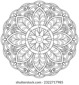 Colouring page, hand drawn, vector. Mandala 203, ethnic, swirl pattern, object isolated on white background.