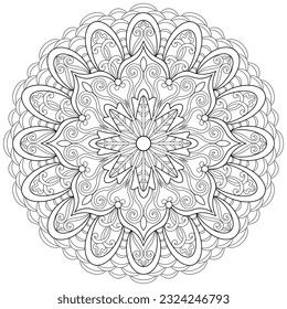 Colouring page, hand drawn, vector. Mandala 205, ethnic, swirl pattern, object isolated on white background.