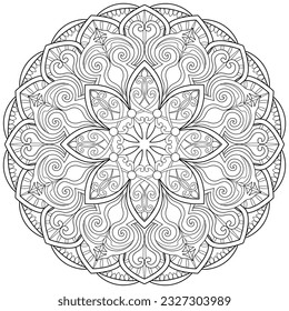 Colouring page, hand drawn, vector. Mandala 209, ethnic, swirl pattern, object isolated on white background.