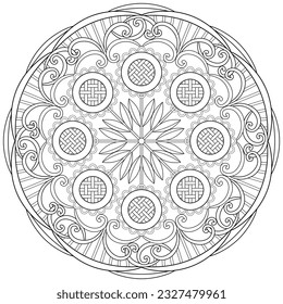 Colouring page, hand drawn, vector. Mandala 212, ethnic, swirl pattern, object isolated on white background.