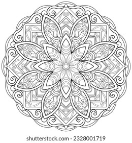 Colouring page, hand drawn, vector. Mandala 213, ethnic, swirl pattern, object isolated on white background.