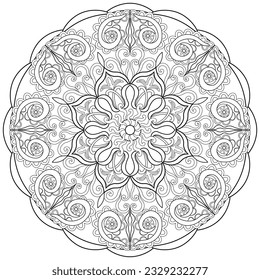 Colouring page, hand drawn, vector. Mandala 214, ethnic, swirl pattern, object isolated on white background.