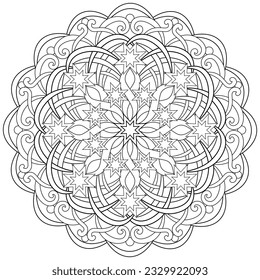 Colouring page, hand drawn, vector. Mandala 215, ethnic, swirl pattern, object isolated on white background.