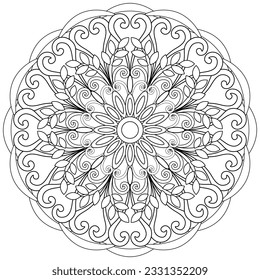 Colouring page, hand drawn, vector. Mandala 216, ethnic, swirl pattern, object isolated on white background.