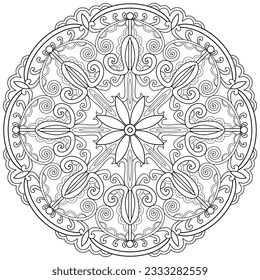 Página de coloreado, dibujada a mano, vector. Mandala 219, étnico, patrón giratorio, objeto aislado en fondo blanco.