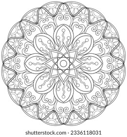 Colouring page, hand drawn, vector. Mandala 221, ethnic, swirl pattern, object isolated on white background.