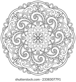 Colouring page, hand drawn, vector. Mandala 222, ethnic, swirl pattern, object isolated on white background.