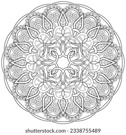 Colouring page, hand drawn, vector. Mandala 224, ethnic, swirl pattern, object isolated on white background.