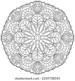 Colouring page, hand drawn, vector. Mandala 225, ethnic, swirl pattern, object isolated on white background.