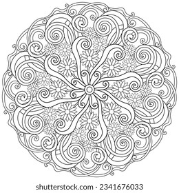 Colouring page, hand drawn, vector. Mandala 227, ethnic, swirl pattern, object isolated on white background.