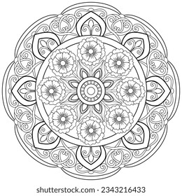 Colouring page, hand drawn, vector. Mandala 231, ethnic, swirl pattern, object isolated on white background.