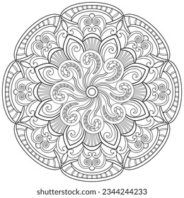 Colouring page, hand drawn, vector. Mandala 232, ethnic, swirl pattern, object isolated on white background.