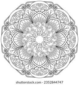 Colouring page, hand drawn, vector. Mandala 241, ethnic, swirl pattern, object isolated on white background.