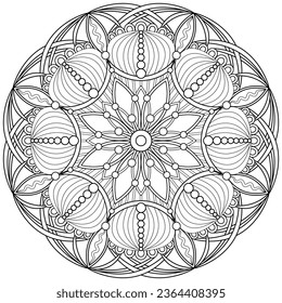 Colouring page, hand drawn, vector. Mandala 249, ethnic, swirl pattern, object isolated on white background.