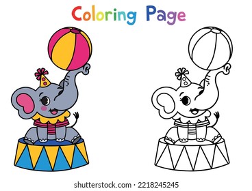 Colouring page for kids in the theme of cute circus elephant. Vector illustration.