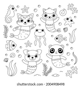 colouring page mermaid set cute animals with big eyes