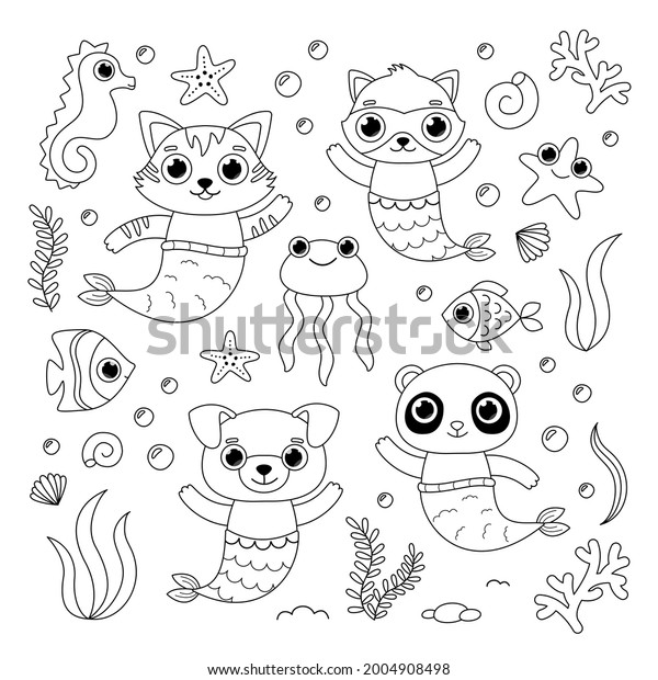 Colouring Page Mermaid Set Cute Animals Stock Vector (Royalty Free ...