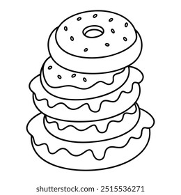 A colouring page with a stack of doughnuts drawn in black and white.