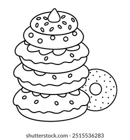 Una página para colorear con una pila de donas dibujadas en blanco y negro.