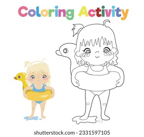 Colouring page with summer theme. Blonde little girl swimming using duck floaties. Coloring activity. Vector file.