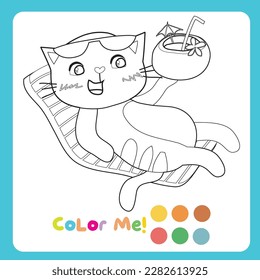 Colouring page with summer theme. A cute and kawaii orange cat enjoying the summer on the beach while drinking coconut water. Coloring activity. Vector file.