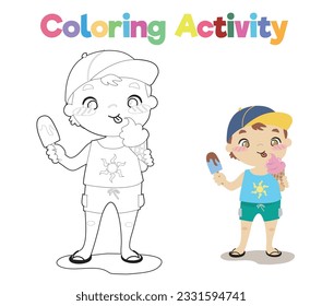 Página de coloreado con tema de verano. Un niño lindo comiendo helado, disfrutando del verano en la playa. Colorido. Archivo vector.