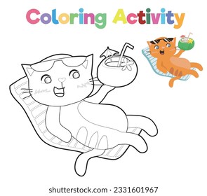 Página de coloreado con tema de verano. Un gatito de color naranja kawaii que disfruta del verano en la playa bebiendo agua de coco. Colorido. Archivo vector.