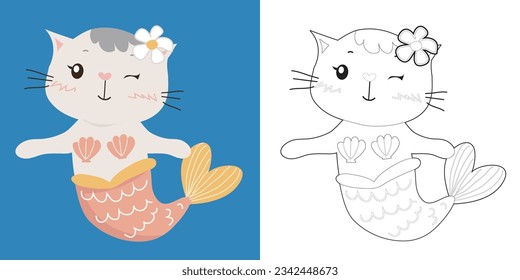 Página de coloreado con tema de verano. Una sirena de gatitos y kawaii. Colorido. Archivo vector.