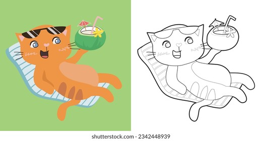 Colouring page with summer theme. A cute and kawaii orange cat enjoying the summer on the beach while drinking coconut water. Coloring activity. Vector file.