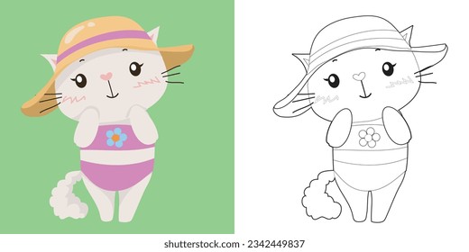 Colouring page with summer theme. Cute white cat wearing bikini and beach hat. Coloring activity. Vector file.