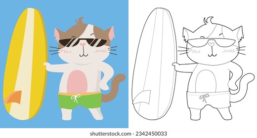 Colouring page with summer theme. A cute cat ready for surfing on the summer. Coloring activity. Vector file.