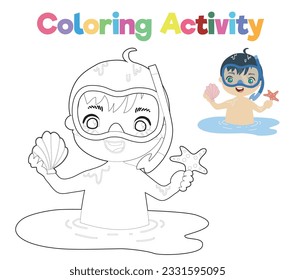 Colouring page with summer theme. A little boy on a summer holiday snorkelling wearing goggle to catch starfish and clam. Coloring activity. Vector file.