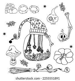 Colouring page. Vector illustration isolated. Cartoon Halloween, Halloween decor, mystical witchy elements, pumpkin, witch broom, bottle in a magic cap, skull, bone hand, pumpkin and mushroom 