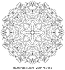 Colouring page, vector. Mandala 172, ethnic pattern, object isolated on white background.