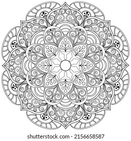 Colouring page, vector. Mandala 9, ethnic pattern, object isolated on white background.