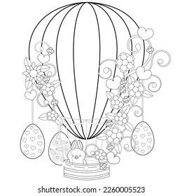 Colouring page-179, hand drawn, vector. Easter eggs, flowers, rabbit, air balloon, white background.