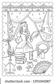 Colouring pages. Beautiful girl, a princess is studying a book.