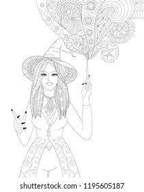 Colouring Pages. Coloring Book for adults. Halloween girl or witch spelling magic. Antistress freehand sketch drawing with doodle and zentangle elements.