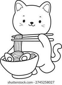 Colouring pages for kids, A cat eats noodles with chopsticks.