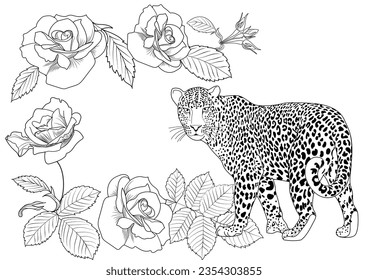 Colouring pictures. Basketof flowers and a leopard. Antistress freehand sketch drawing with doodle and zentangle elements. Рictures are ideal for creating wallpaper, labels, crafts and other projects