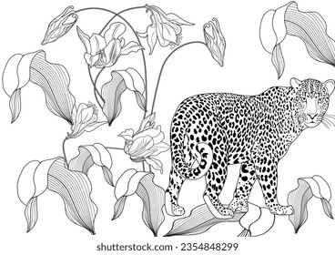Colouring pictures. Basketof flowers and a leopard. Antistress freehand sketch drawing with doodle and zentangle elements. Рictures are ideal for creating wallpaper, labels, crafts and other projects