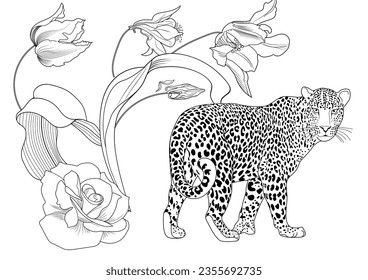 Colouring pictures. Basketof flowers and a leopard. Antistress freehand sketch drawing with doodle and zentangle elements. Рictures are ideal for creating wallpaper, labels, crafts and other projects