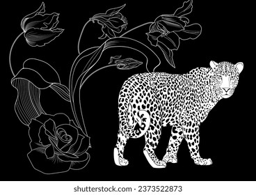 Colouring pictures. Basketof flowers and a leopard. Antistress freehand sketch drawing with doodle and zentangle elements. Рictures are ideal for creating wallpaper, labels, crafts and other projects.