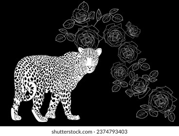 Colouring pictures. Basketof flowers and a leopard. Antistress freehand sketch drawing with doodle and zentangle elements. Рictures are ideal for creating wallpaper, labels, crafts and other projects.