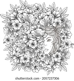 Colouring pictures with girl and flower. Art therapy coloring page for adults and children.