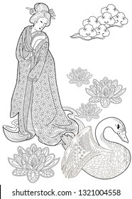 Colouring pictures with Kimono Girl. Antistress freehand sketch drawing with doodle and zentangle elements.